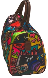 a colorful duffel bag with a name on it