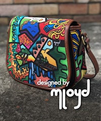 a colorful handbag with the word bym on it