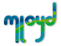 a blue and green logo with the word byom